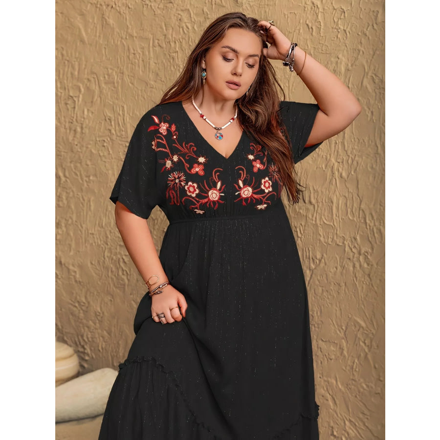 Plus Size Embroidered V-Neck Maxi Dress Apparel and Accessories