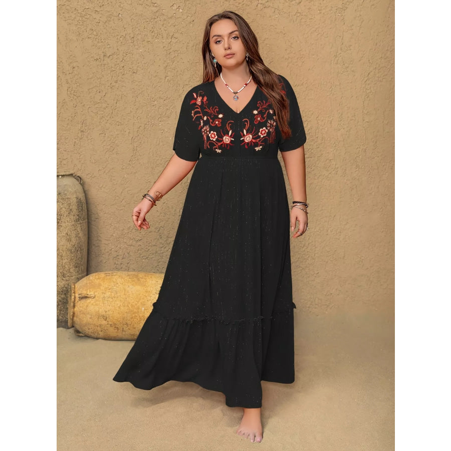 Plus Size Embroidered V-Neck Maxi Dress Apparel and Accessories