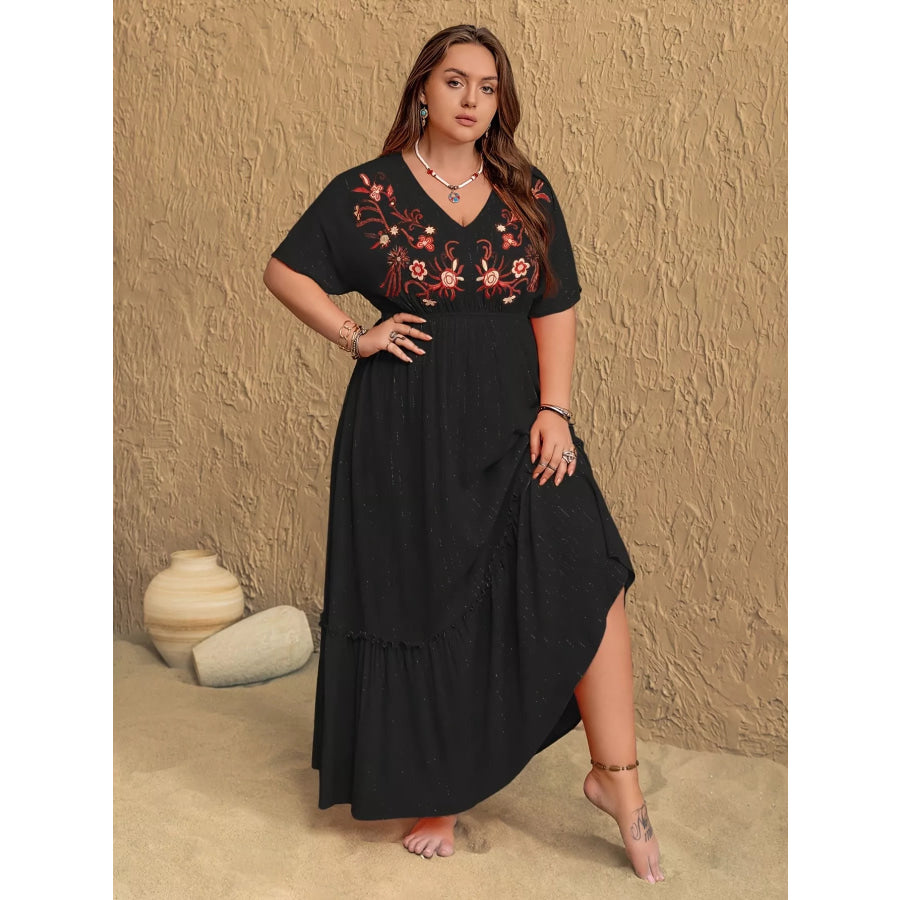 Plus Size Embroidered V-Neck Maxi Dress Black / 0XL Apparel and Accessories