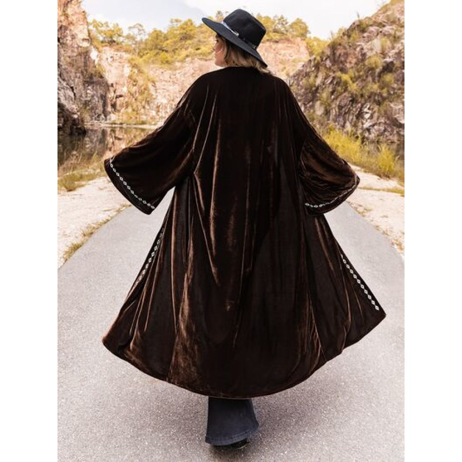 Plus Size Embroidery Open Front Long Sleeve Cardigan Chocolate / 0XL Apparel and Accessories