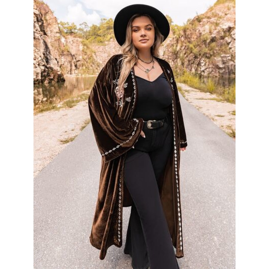 Plus Size Embroidery Open Front Long Sleeve Cardigan Apparel and Accessories