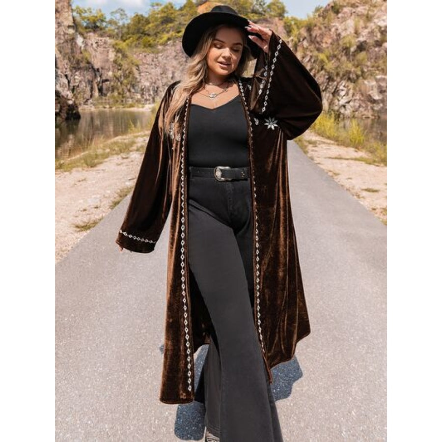 Plus Size Embroidery Open Front Long Sleeve Cardigan Apparel and Accessories