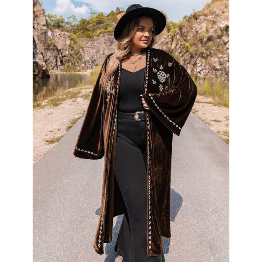 Plus Size Embroidery Open Front Long Sleeve Cardigan Apparel and Accessories