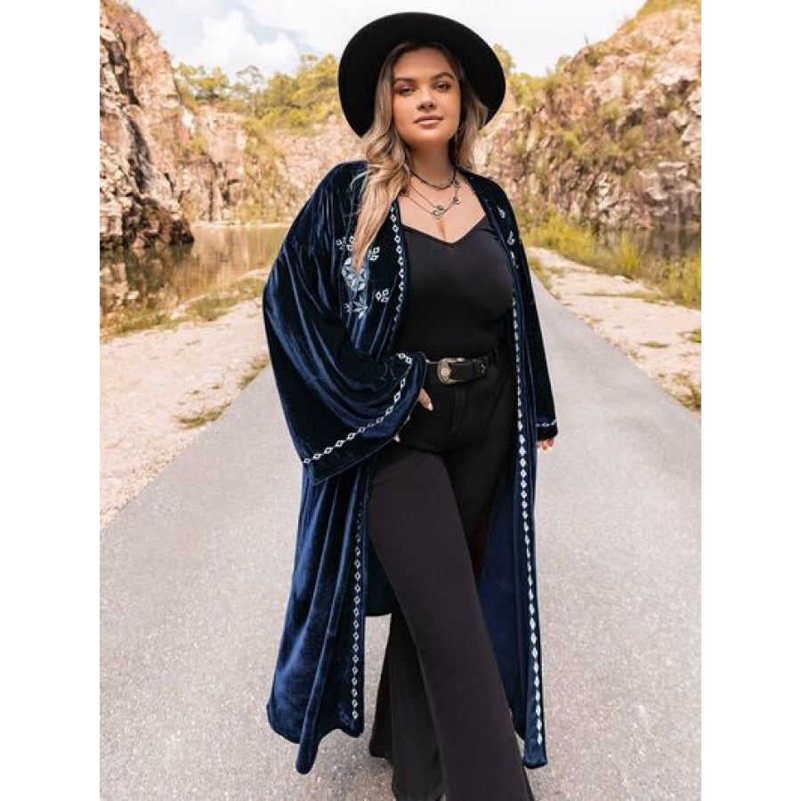 Plus Size Embroidery Open Front Long Sleeve Cardigan Apparel and Accessories