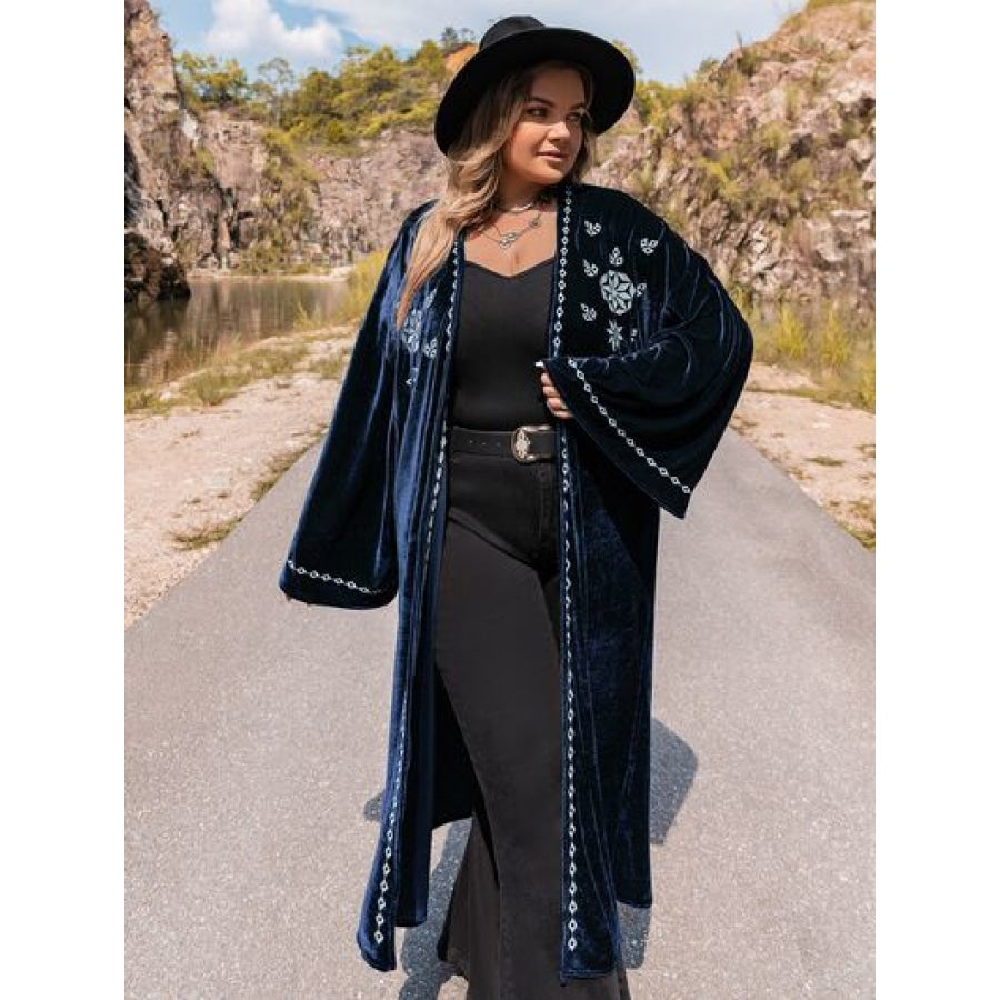 Plus Size Embroidery Open Front Long Sleeve Cardigan Apparel and Accessories