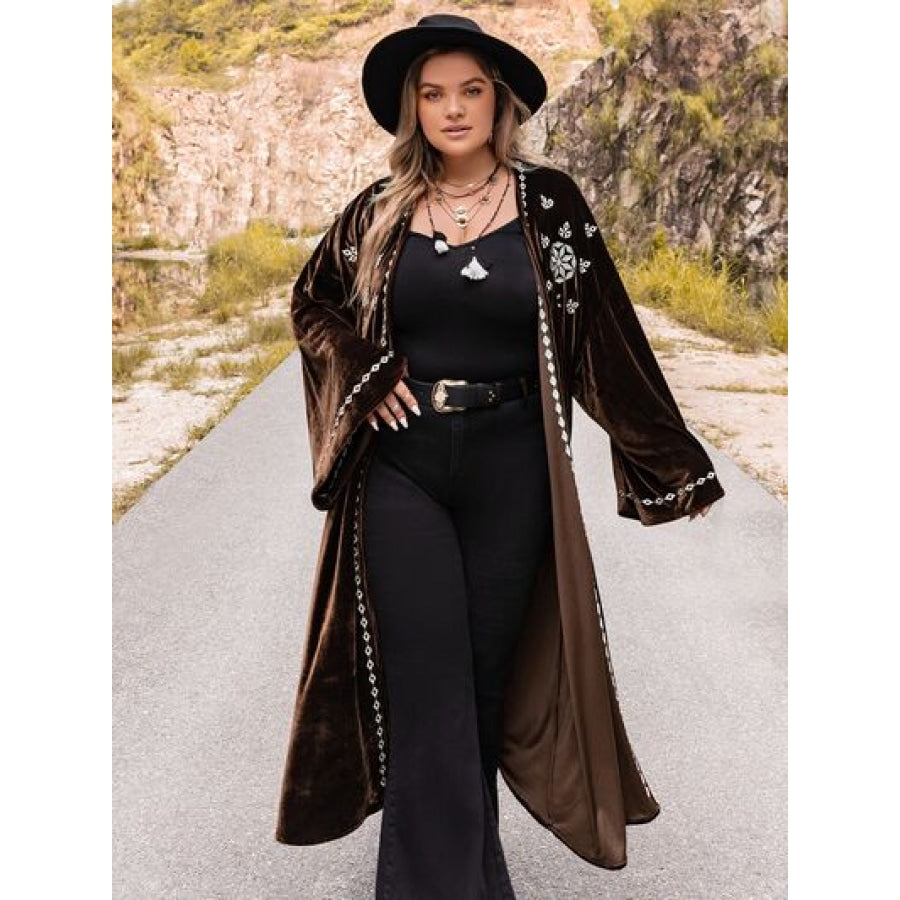 Plus Size Embroidery Open Front Long Sleeve Cardigan Chocolate / 0XL Apparel and Accessories