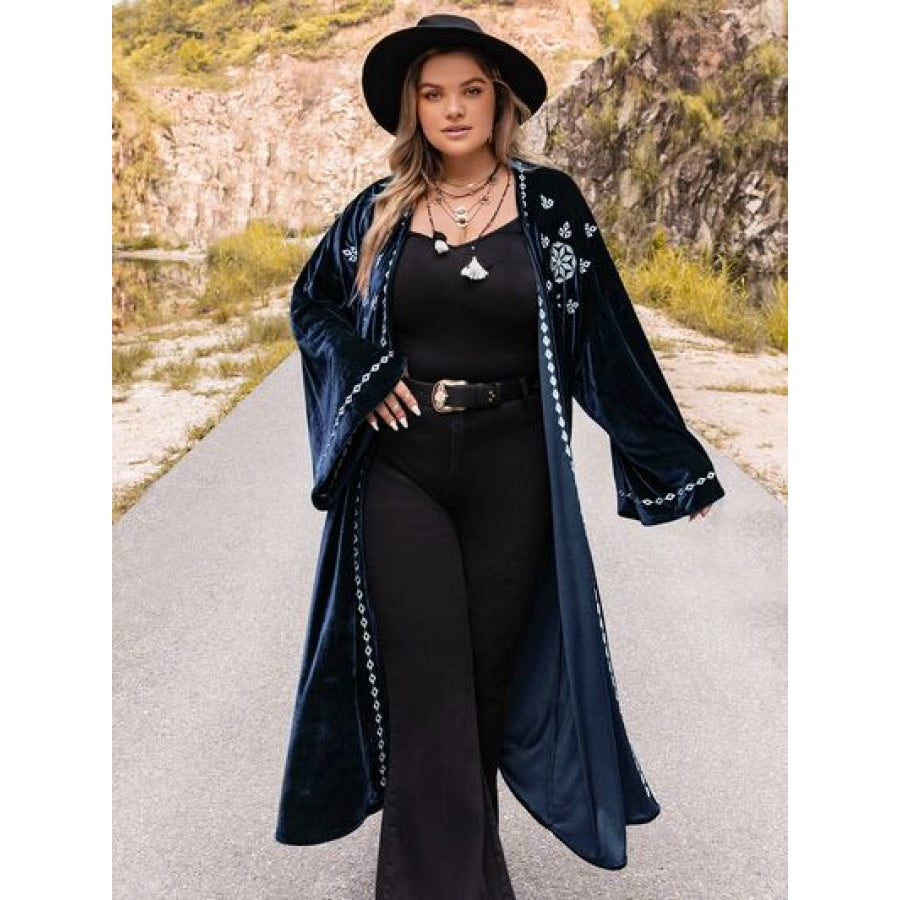 Plus Size Embroidery Open Front Long Sleeve Cardigan Cobald Blue / 0XL Apparel and Accessories