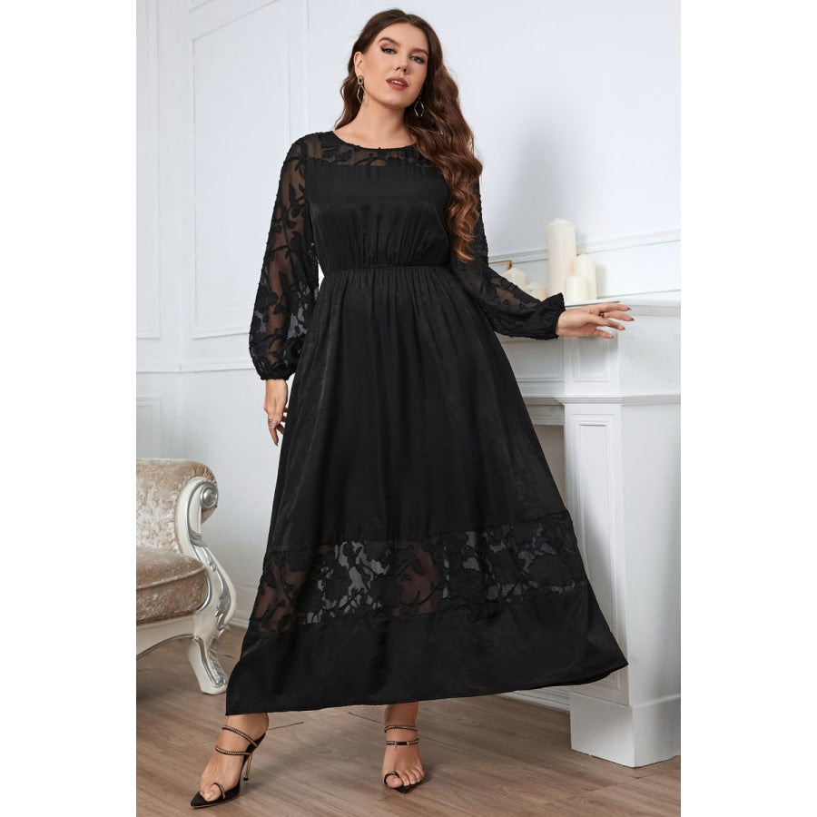 Plus Size Embroidery Round Neck Long Sleeve Maxi Dress Black / 1XL