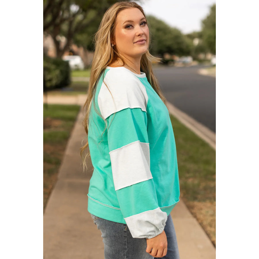 Plus Size Exposed Seam Color Block Long Sleeve Sweatshirt Apparel and Accessories
