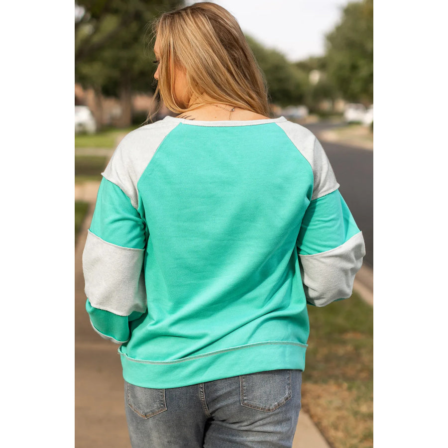 Plus Size Exposed Seam Color Block Long Sleeve Sweatshirt Apparel and Accessories