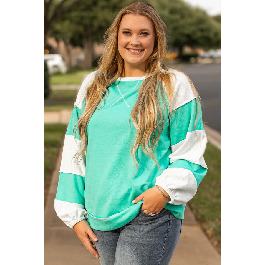 Plus Size Exposed Seam Color Block Long Sleeve Sweatshirt Turquoise / 1XL Apparel and Accessories