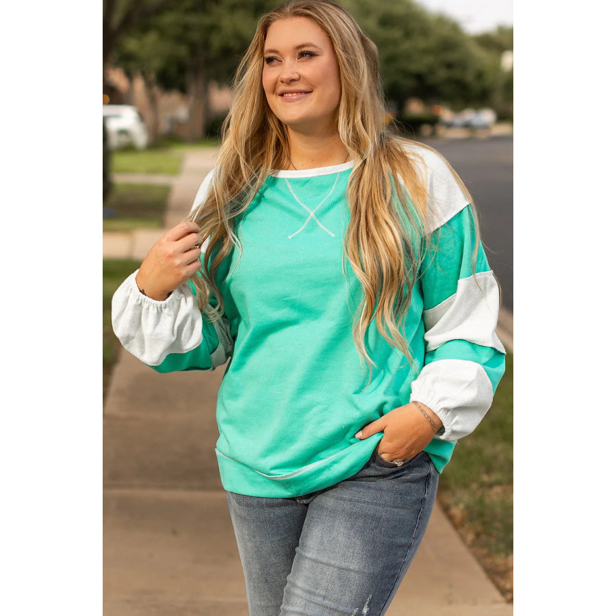 Plus Size Exposed Seam Color Block Long Sleeve Sweatshirt Apparel and Accessories