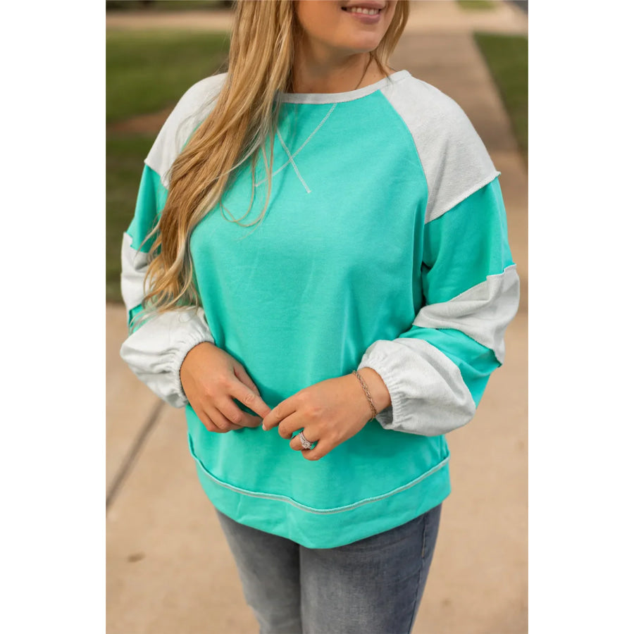 Plus Size Exposed Seam Color Block Long Sleeve Sweatshirt Turquoise / 1XL Apparel and Accessories