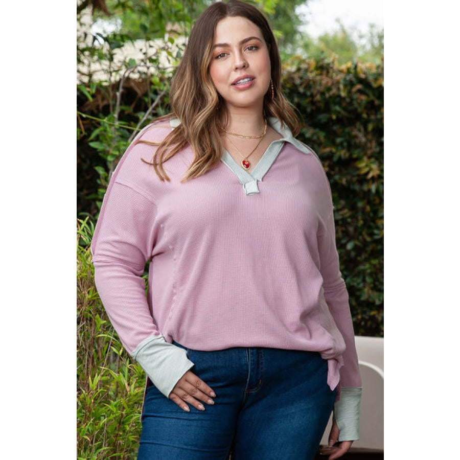 Plus Size Exposed Seam Johnny Collar Long Sleeve T-Shirt Blush Pink / 1XL Clothing