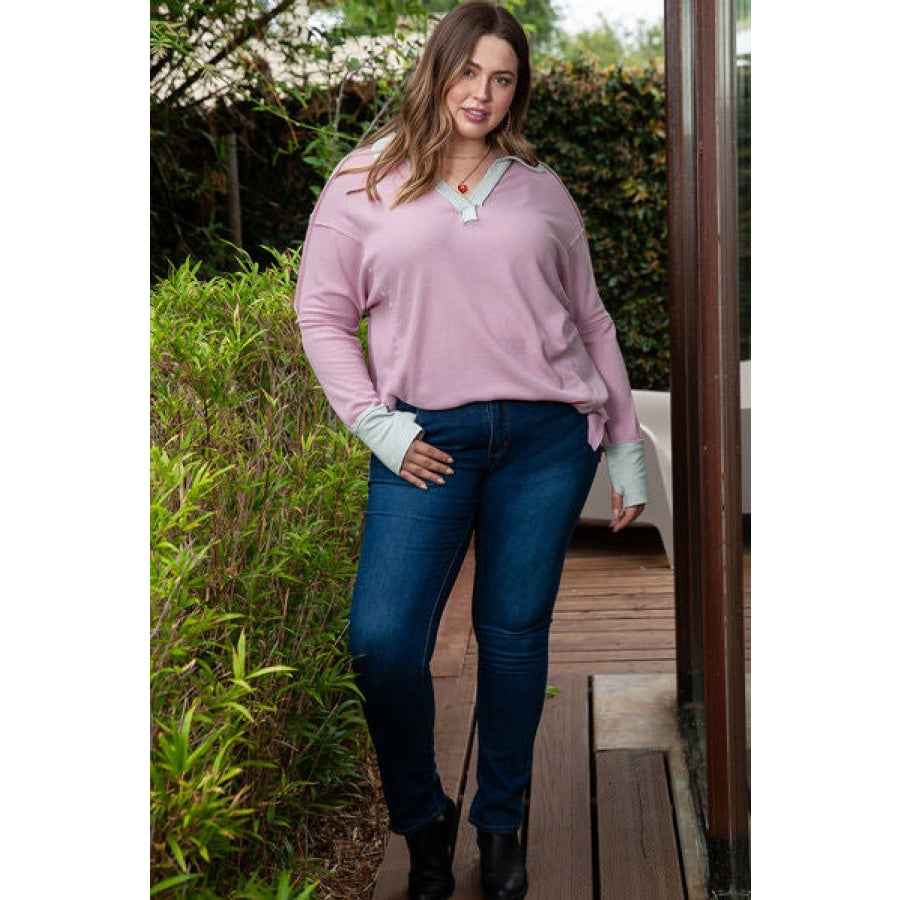 Plus Size Exposed Seam Johnny Collar Long Sleeve T-Shirt Clothing