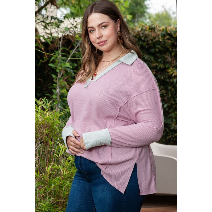 Plus Size Exposed Seam Johnny Collar Long Sleeve T-Shirt Clothing