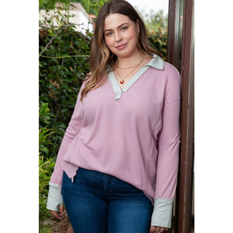 Plus Size Exposed Seam Johnny Collar Long Sleeve T-Shirt Blush Pink / 1XL Clothing