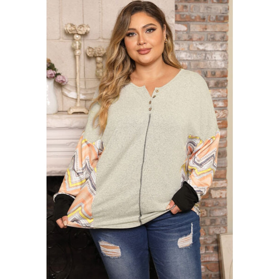 Plus Size Exposed Seam Print Long Sleeve T-Shirt Clothing