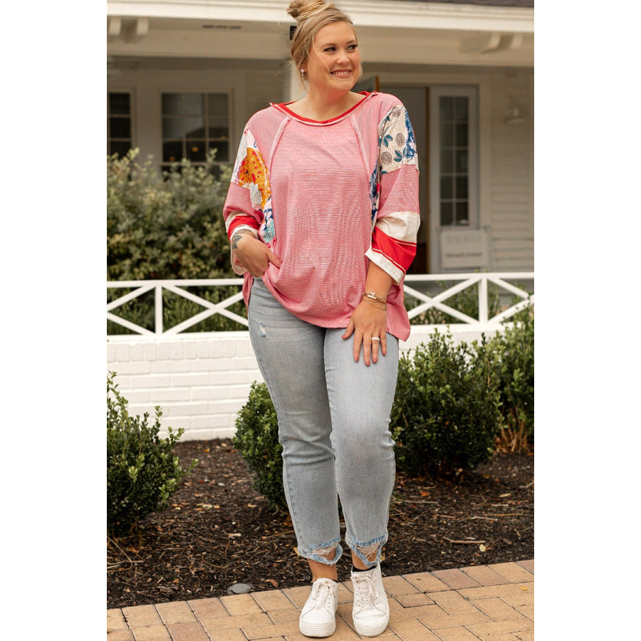 Plus Size Exposed Seam Printed Striped Round Neck Sweatshirt Apparel and Accessories