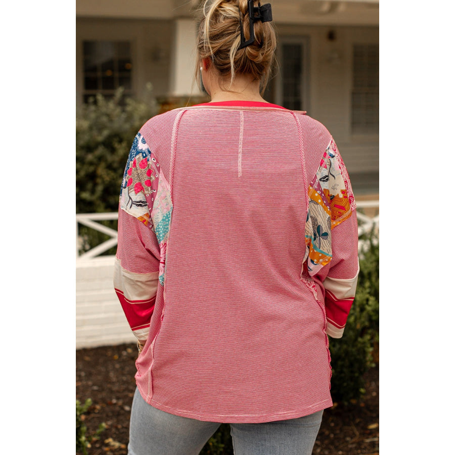 Plus Size Exposed Seam Printed Striped Round Neck Sweatshirt Apparel and Accessories