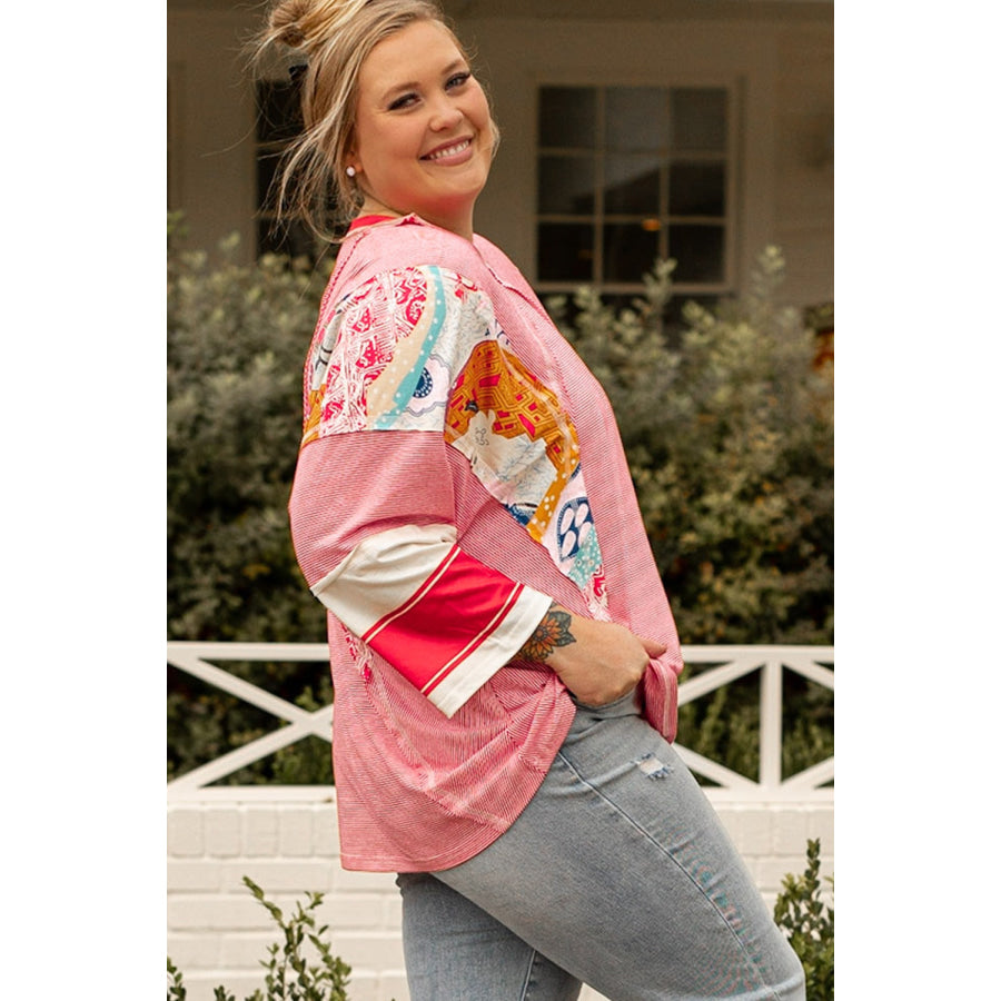 Plus Size Exposed Seam Printed Striped Round Neck Sweatshirt Apparel and Accessories