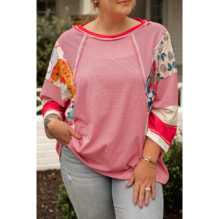 Plus Size Exposed Seam Printed Striped Round Neck Sweatshirt Scarlet / 1X Apparel and Accessories