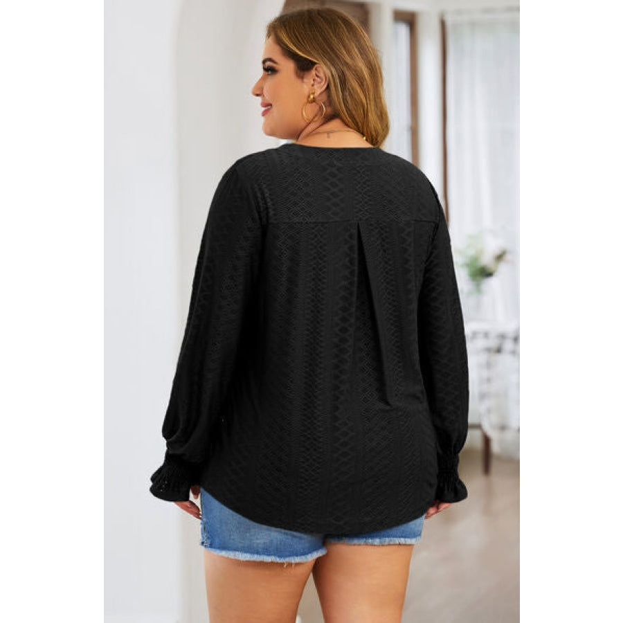 Plus Size Eyelet Notched Flounce Sleeve Blouse Apparel and Accessories