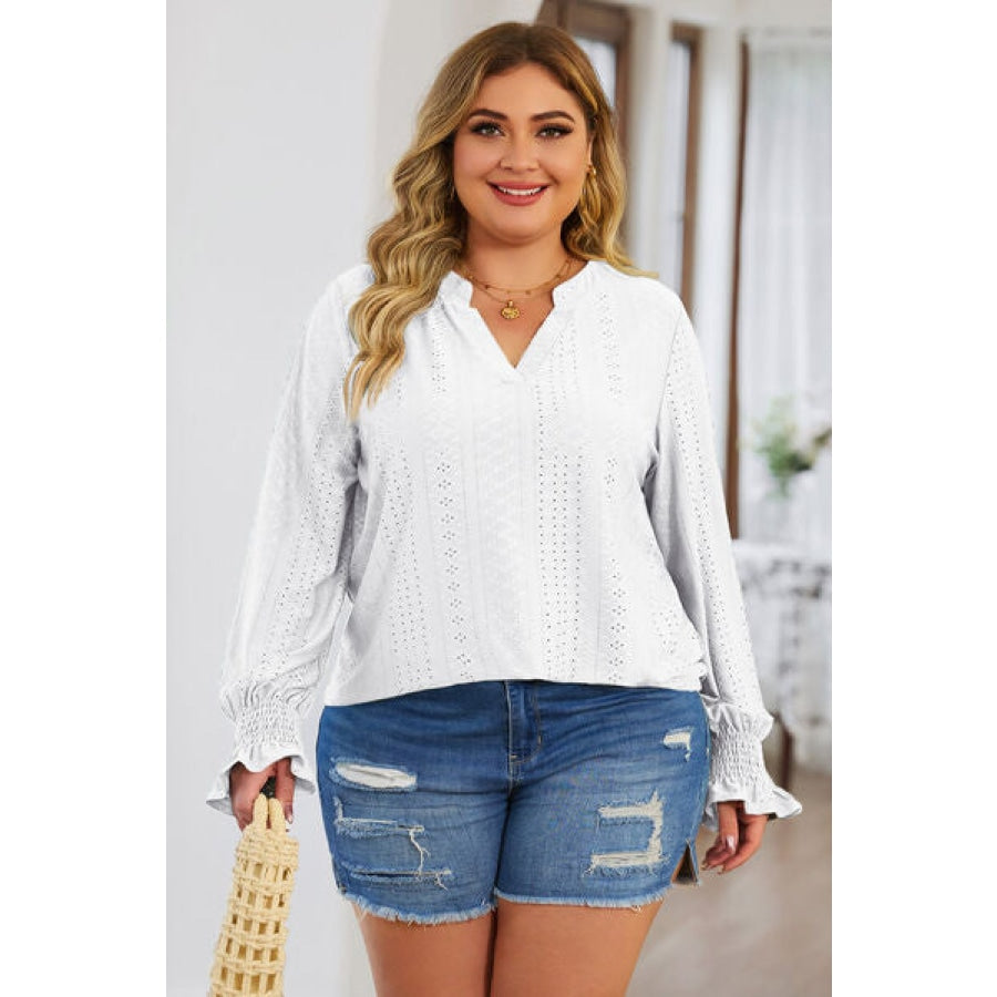 Plus Size Eyelet Notched Flounce Sleeve Blouse Apparel and Accessories