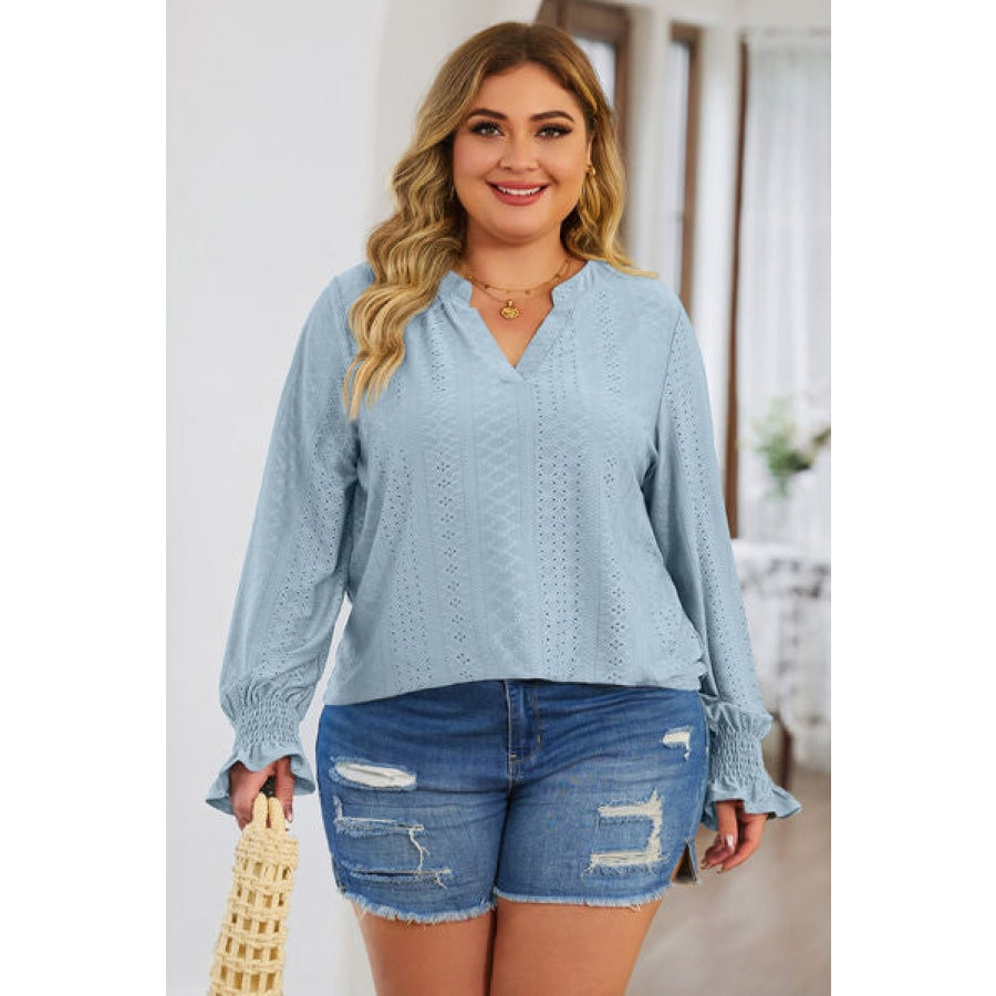 Plus Size Eyelet Notched Flounce Sleeve Blouse Apparel and Accessories