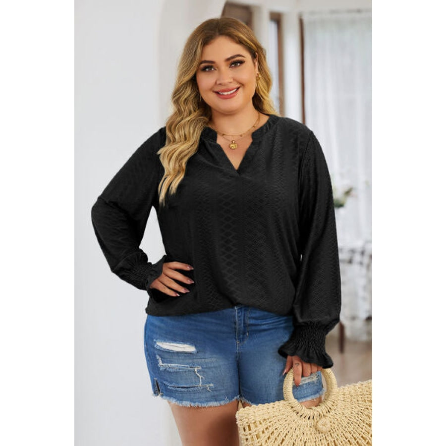 Plus Size Eyelet Notched Flounce Sleeve Blouse Apparel and Accessories