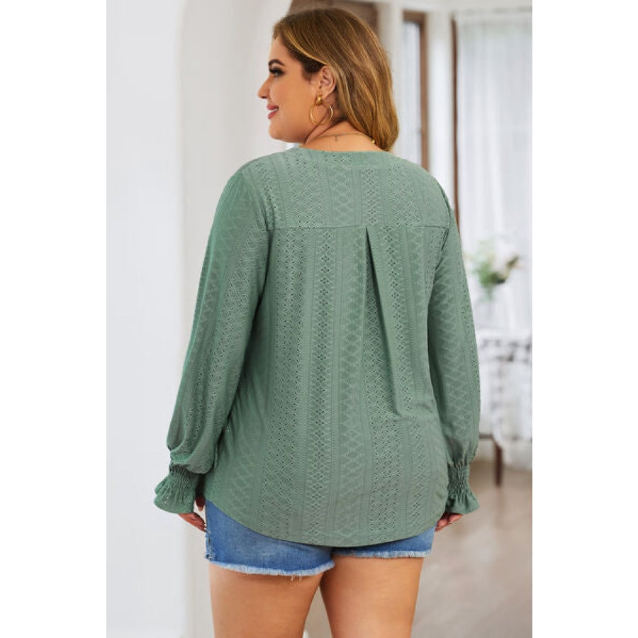 Plus Size Eyelet Notched Flounce Sleeve Blouse Apparel and Accessories