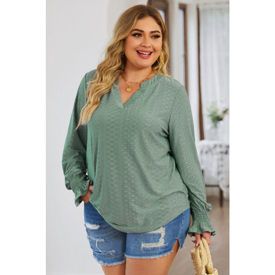 Plus Size Eyelet Notched Flounce Sleeve Blouse Apparel and Accessories