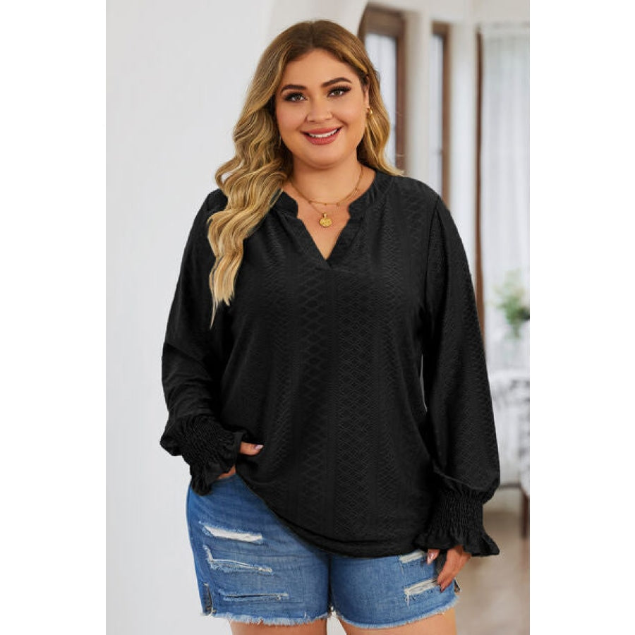 Plus Size Eyelet Notched Flounce Sleeve Blouse Black / 1XL Apparel and Accessories