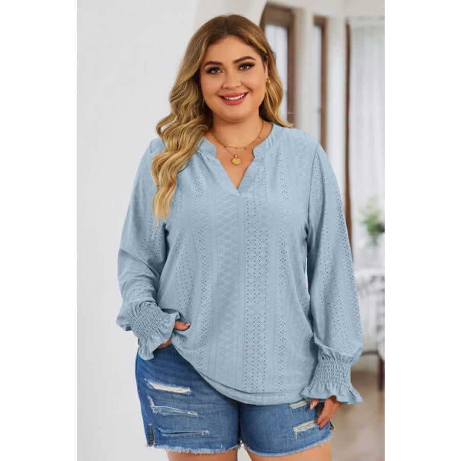 Plus Size Eyelet Notched Flounce Sleeve Blouse Misty Blue / 1XL Apparel and Accessories