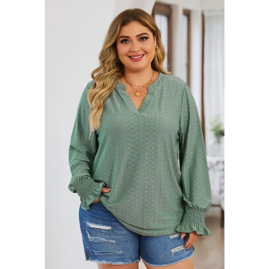 Plus Size Eyelet Notched Flounce Sleeve Blouse Sage / 1XL Apparel and Accessories