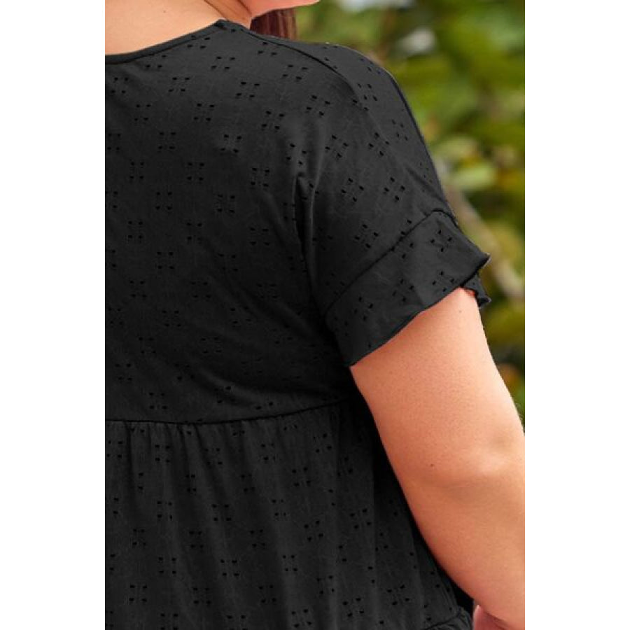 Plus Size Eyelet Round Neck Short Sleeve Blouse Apparel and Accessories