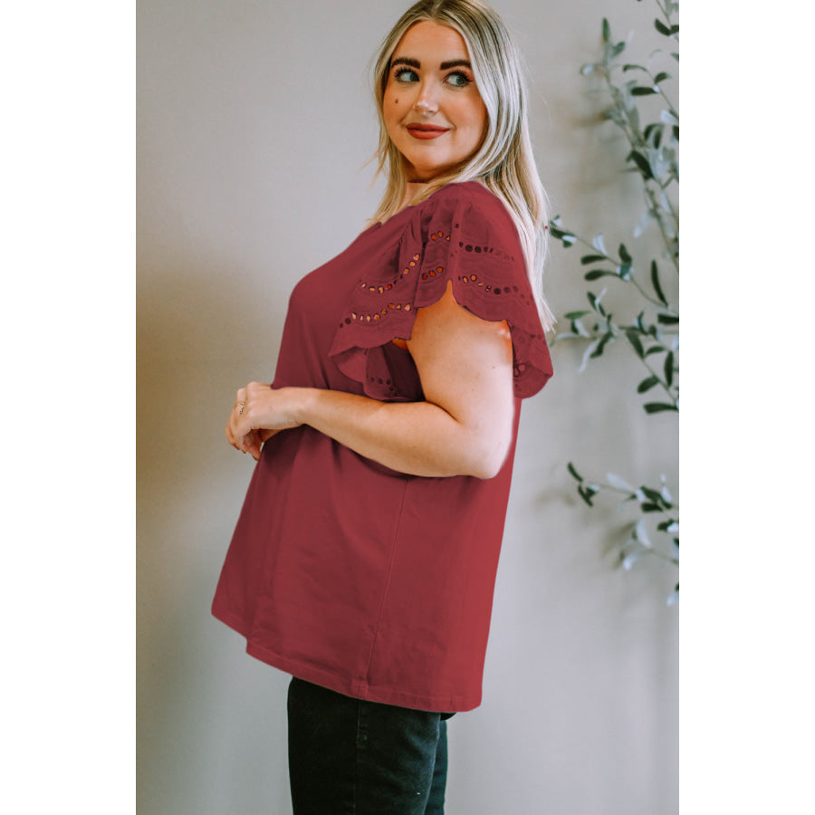 Plus Size Eyelet Round Neck Short Sleeve Blouse Apparel and Accessories