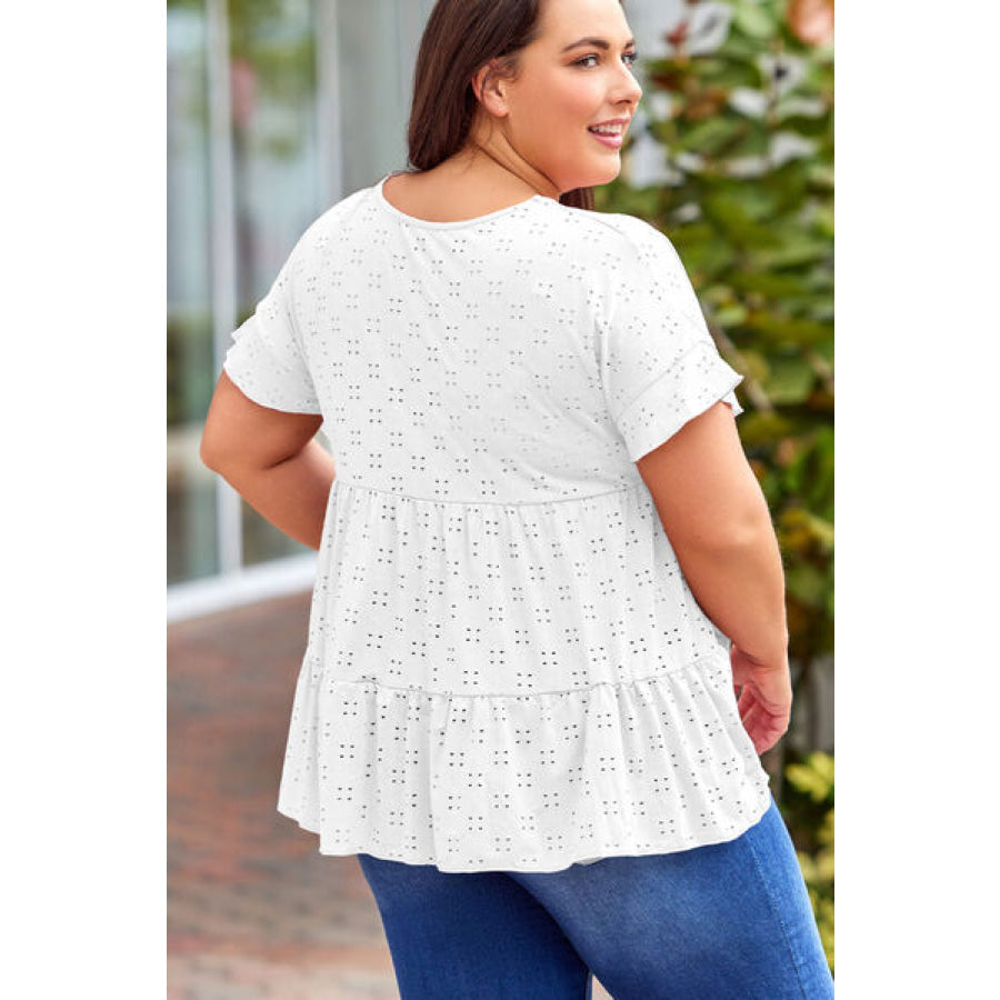 Plus Size Eyelet Round Neck Short Sleeve Blouse Apparel and Accessories