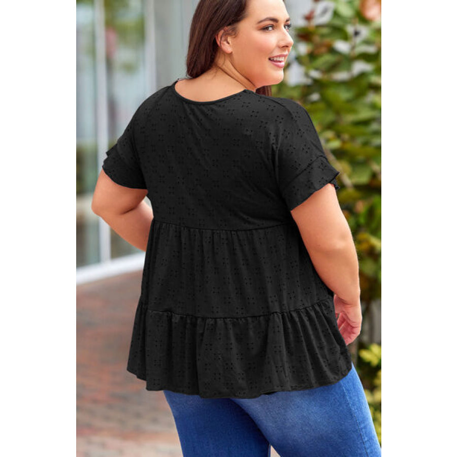 Plus Size Eyelet Round Neck Short Sleeve Blouse Apparel and Accessories