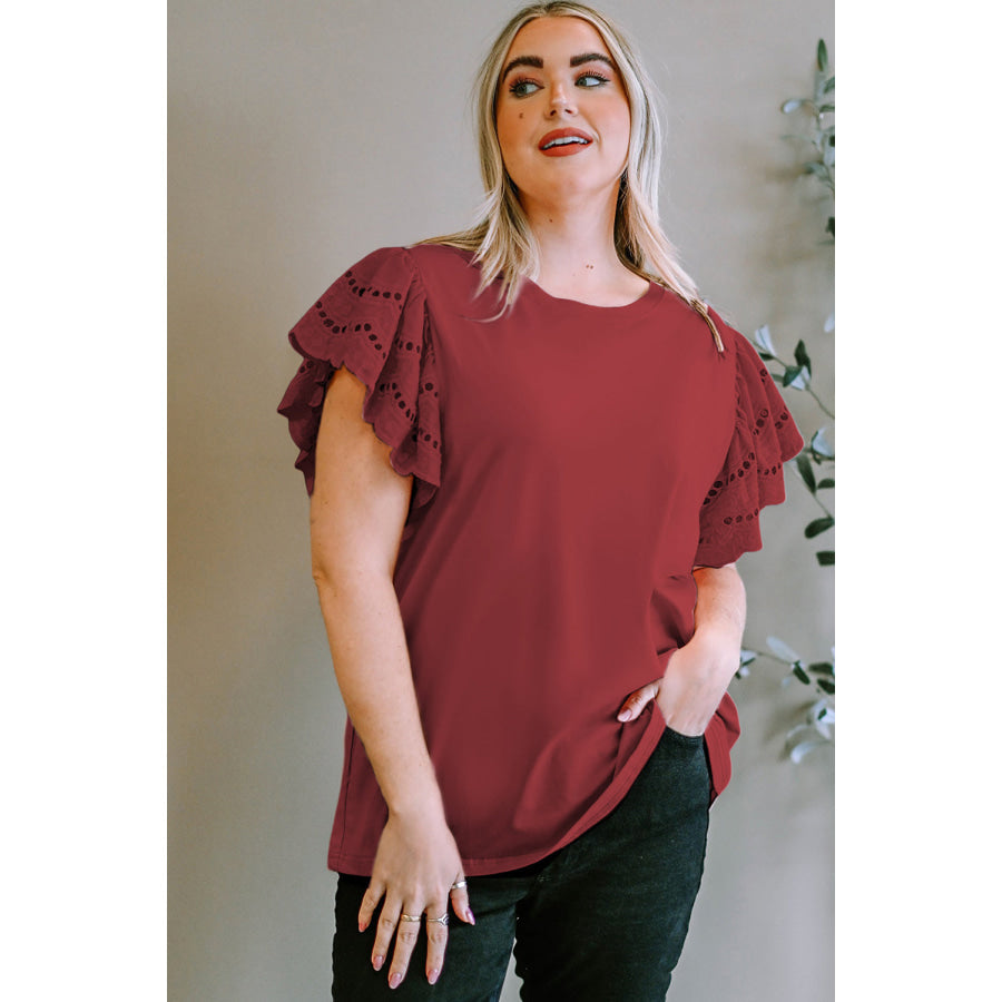 Plus Size Eyelet Round Neck Short Sleeve Blouse Apparel and Accessories