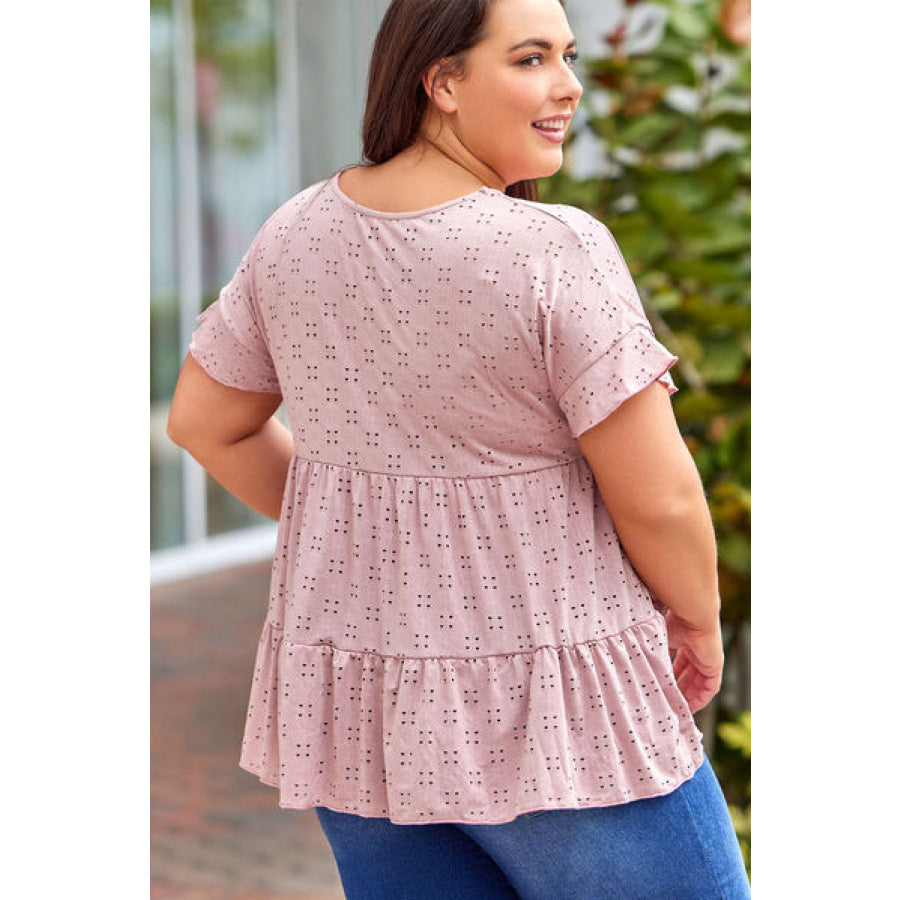 Plus Size Eyelet Round Neck Short Sleeve Blouse Apparel and Accessories