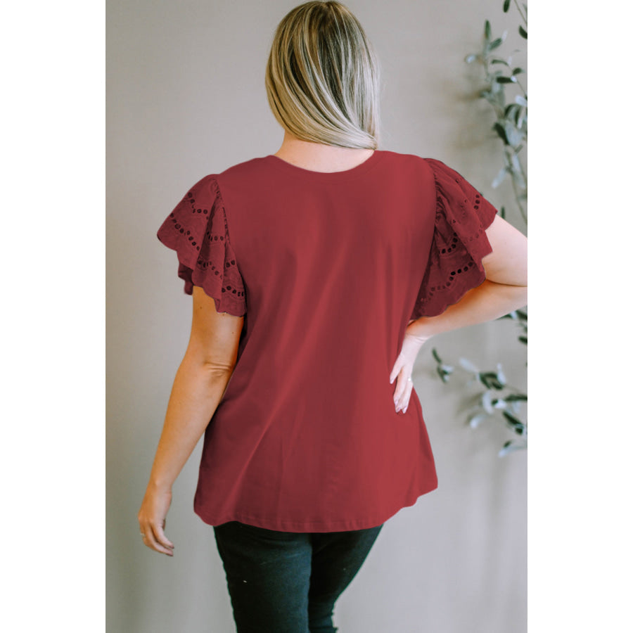 Plus Size Eyelet Round Neck Short Sleeve Blouse Apparel and Accessories