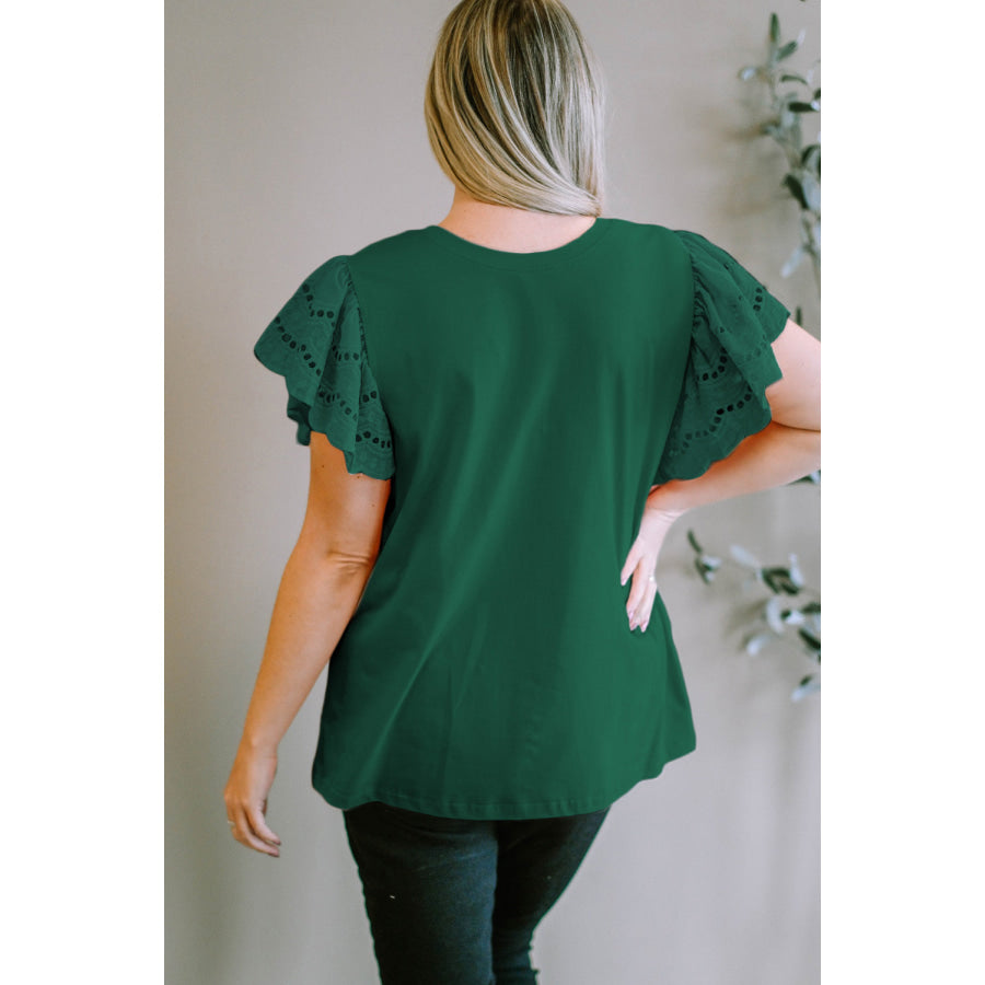 Plus Size Eyelet Round Neck Short Sleeve Blouse Apparel and Accessories