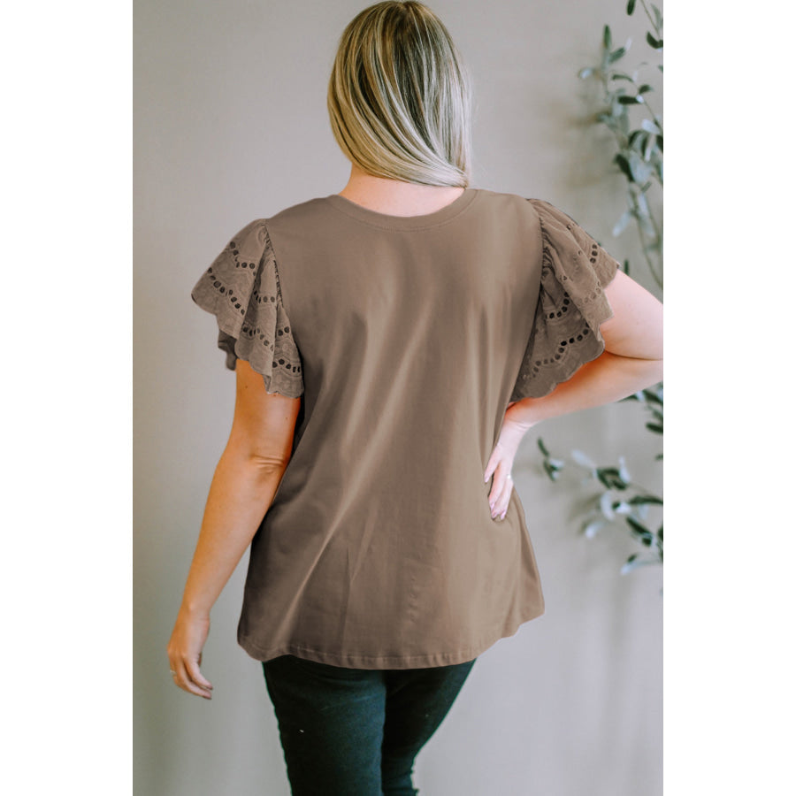 Plus Size Eyelet Round Neck Short Sleeve Blouse Apparel and Accessories