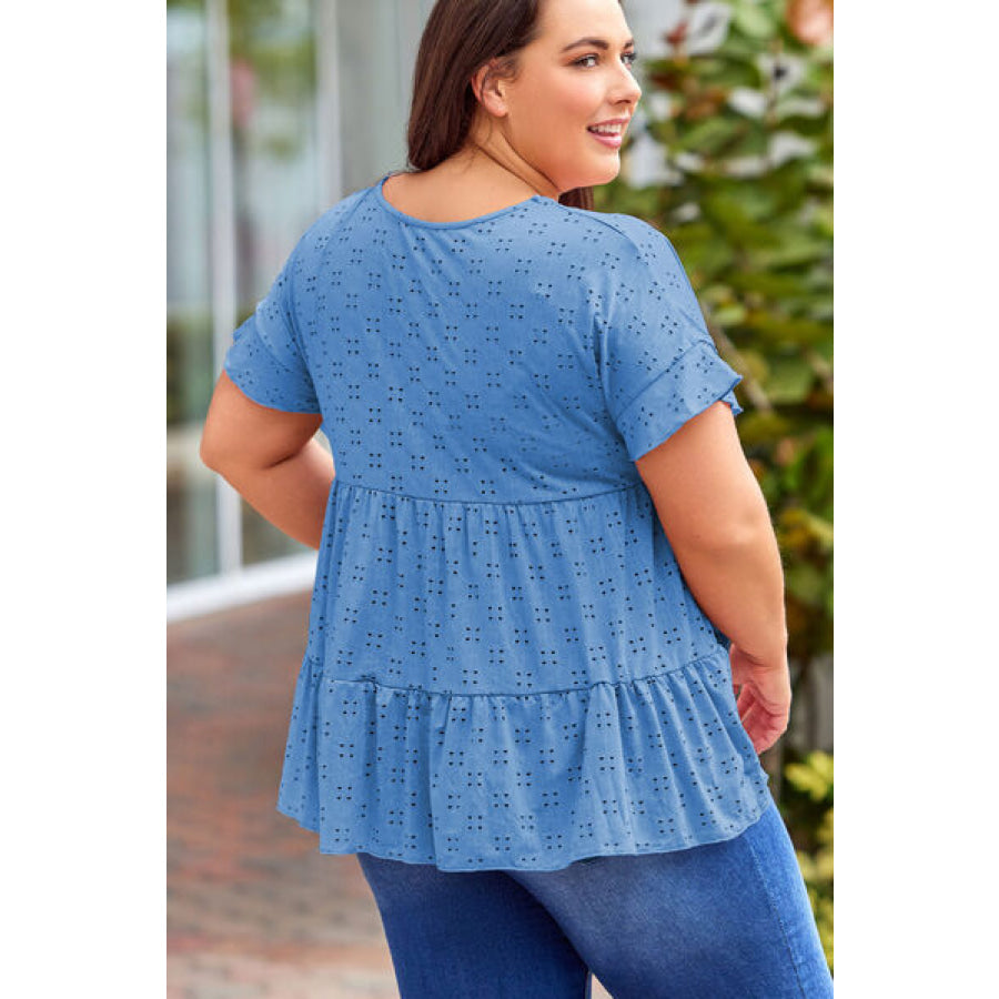 Plus Size Eyelet Round Neck Short Sleeve Blouse Apparel and Accessories