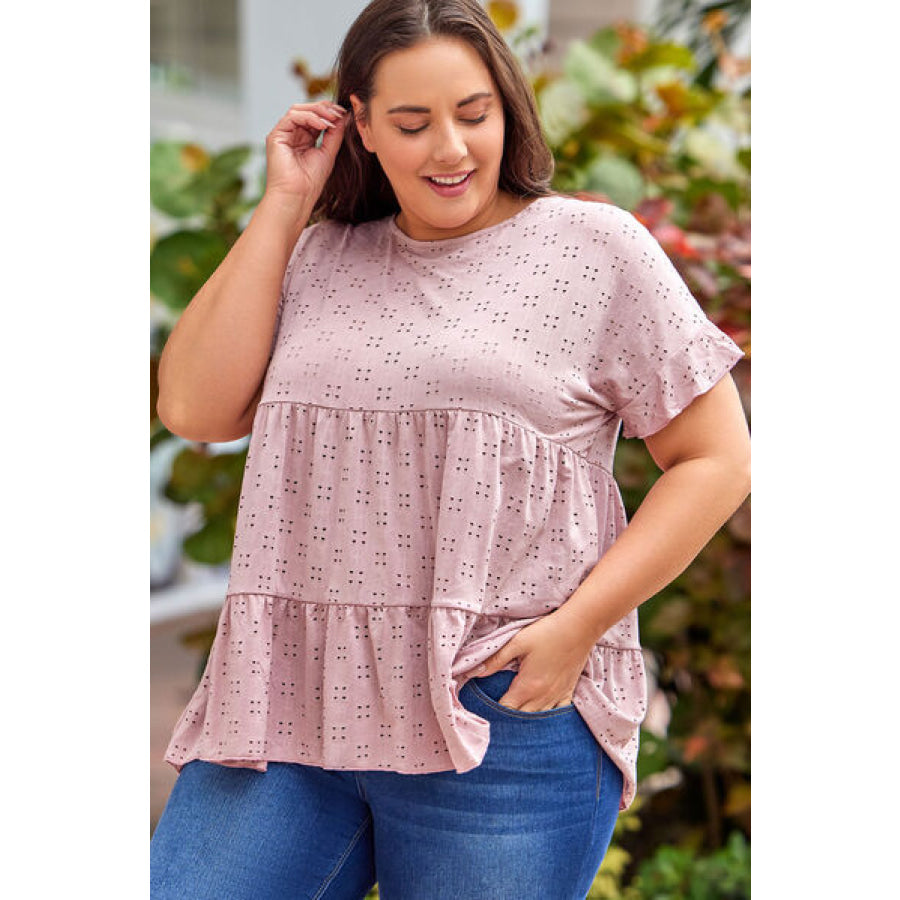 Plus Size Eyelet Round Neck Short Sleeve Blouse Apparel and Accessories