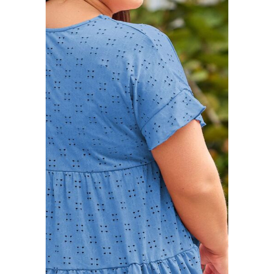 Plus Size Eyelet Round Neck Short Sleeve Blouse Apparel and Accessories