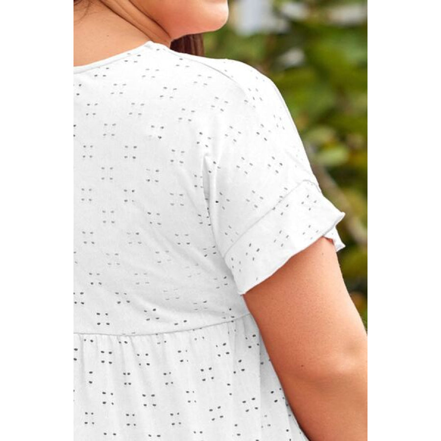 Plus Size Eyelet Round Neck Short Sleeve Blouse Apparel and Accessories