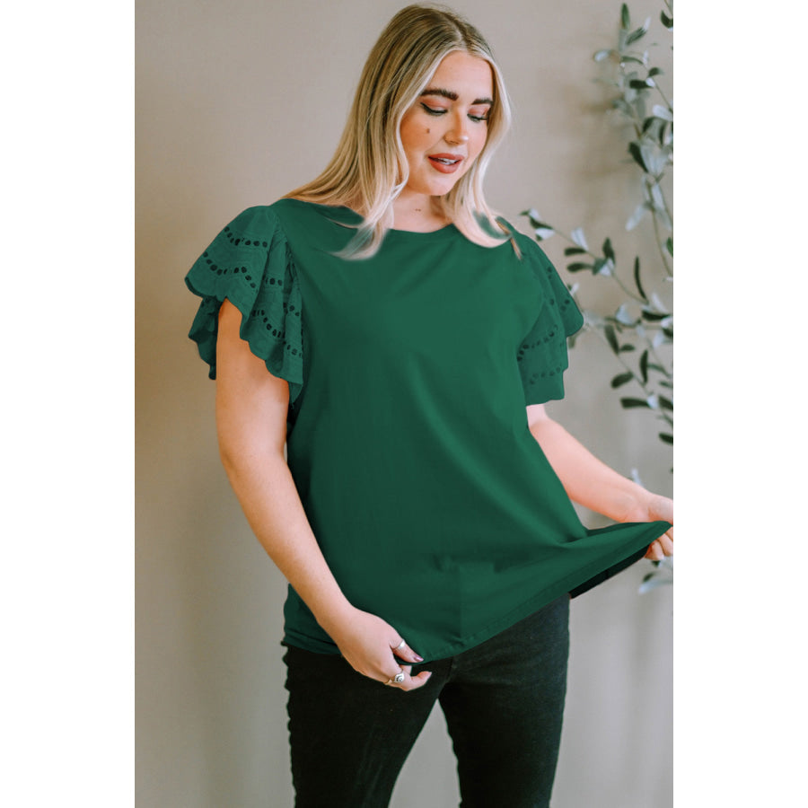 Plus Size Eyelet Round Neck Short Sleeve Blouse Apparel and Accessories