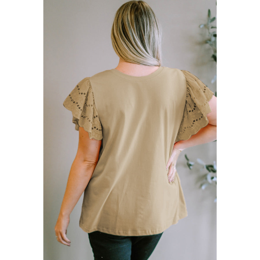 Plus Size Eyelet Round Neck Short Sleeve Blouse Apparel and Accessories